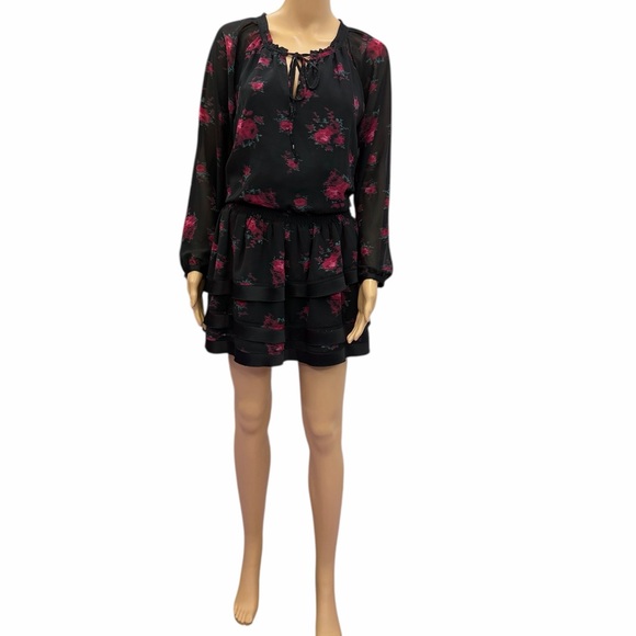 Sam Edelman Dresses & Skirts - Sam Edelman Floral Chiffon Tiered Mini Dress Black Pink Womens Medium